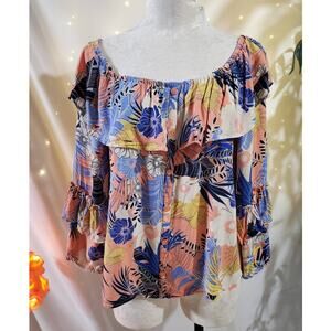 Sanctuary Avery Womens Tropical Floral Ruffled Tiered Blouse Size XL Flowy Top